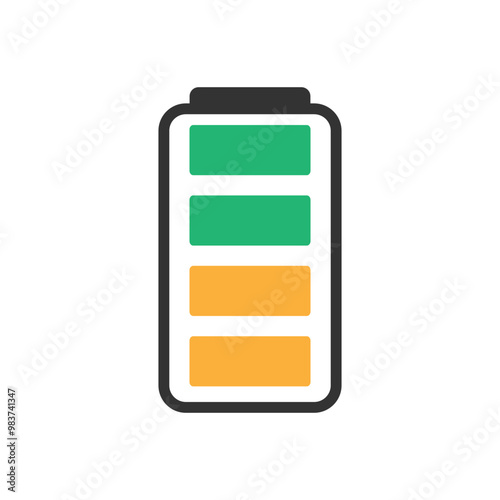 Battery Icon Indicating Medium Charge Status. Digital image of a battery icon showing medium charge levels with green and orange colors, representing energy and power management concepts.