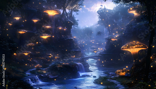 A mystical forest with glowing mushrooms, winding rivers, and floating islands, creating a magical and otherworldly feel