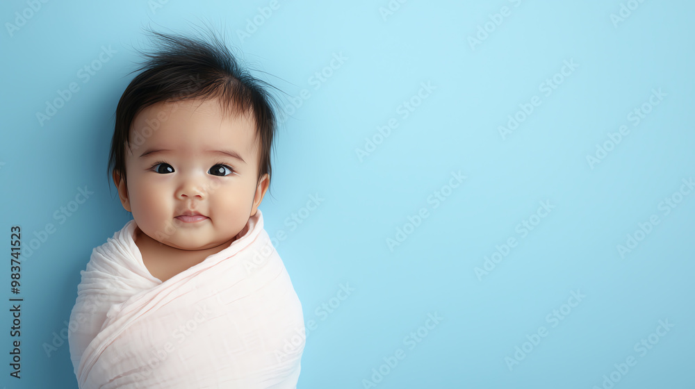 Adorable baby wrapped in a soft blanket, smiling against a serene blue background. Perfect for family and newborn themes. Adorable baby wrapped in a soft blanket, smiling against a serene blue background. Perfect for family and newborn themes.