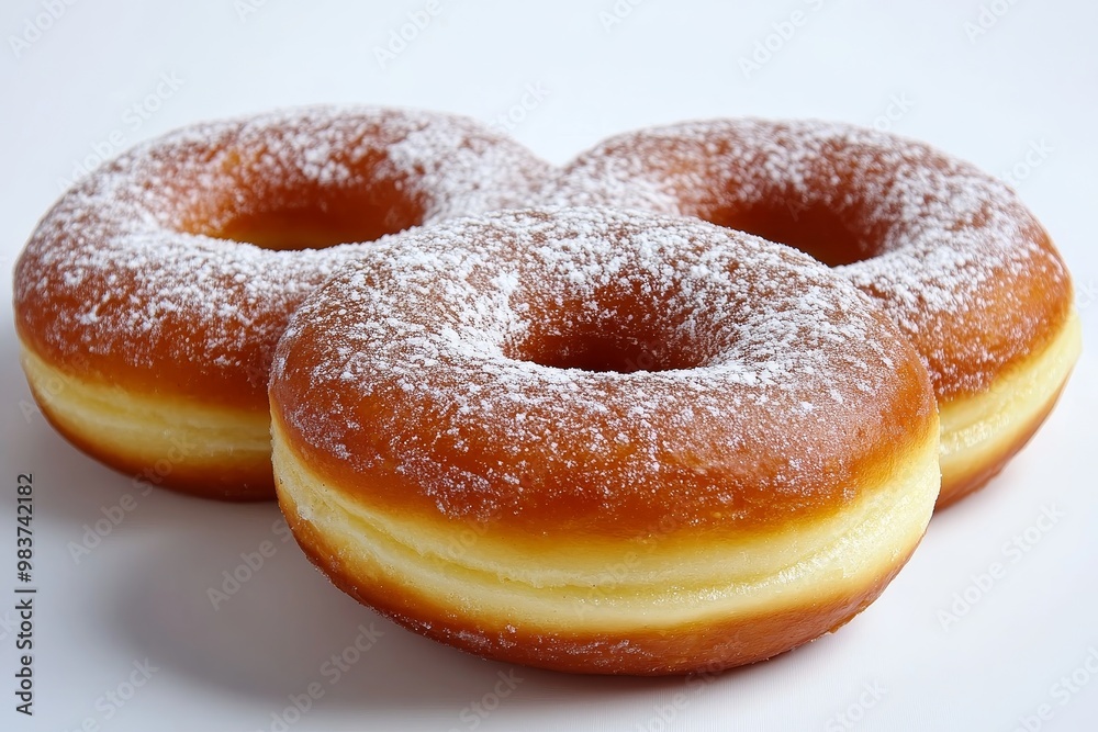 Three freshly baked Berliner doughnuts dusted with powdered sugar, a classic German treat. The golden brown exterior and fluffy texture make them irresistible. Three freshly baked Berliner doughnuts dusted with powdered sugar, a classic German treat. The golden brown exterior and fluffy texture make them irresistible.