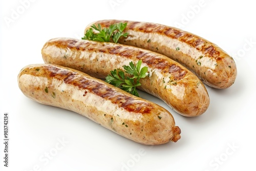 Three delicious grilled bratwurst sausages with parsley garnish, isolated on a white background. Perfect for any German food or barbecue recipe.