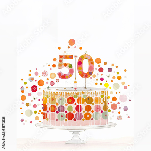 50th birthday cake with colorful polka dots and a large 