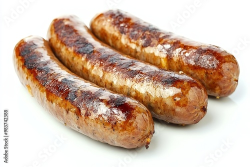 Three grilled bratwurst sausages on a white background. These juicy and flavorful sausages are perfect for any meal.