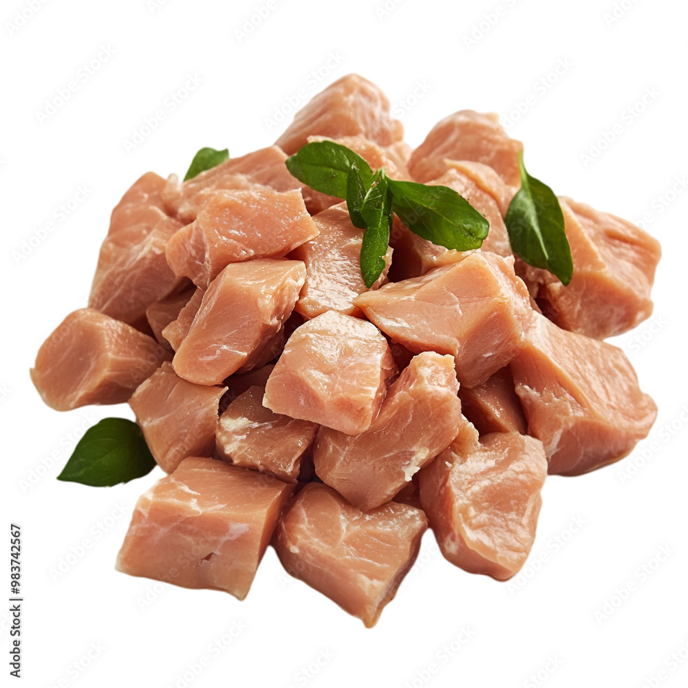 Raw diced chicken for cooking on white and transparent background. PNG cutout. Raw diced chicken for cooking on white and transparent background. PNG cutout.