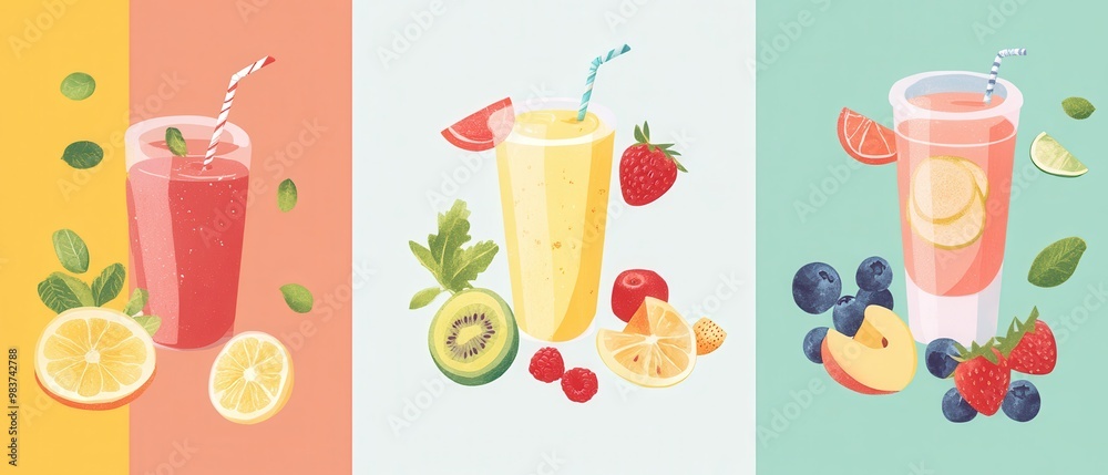 Colorful Juice Drinks with Fresh Fruit and Mint Leaves Colorful Juice Drinks with Fresh Fruit and Mint Leaves