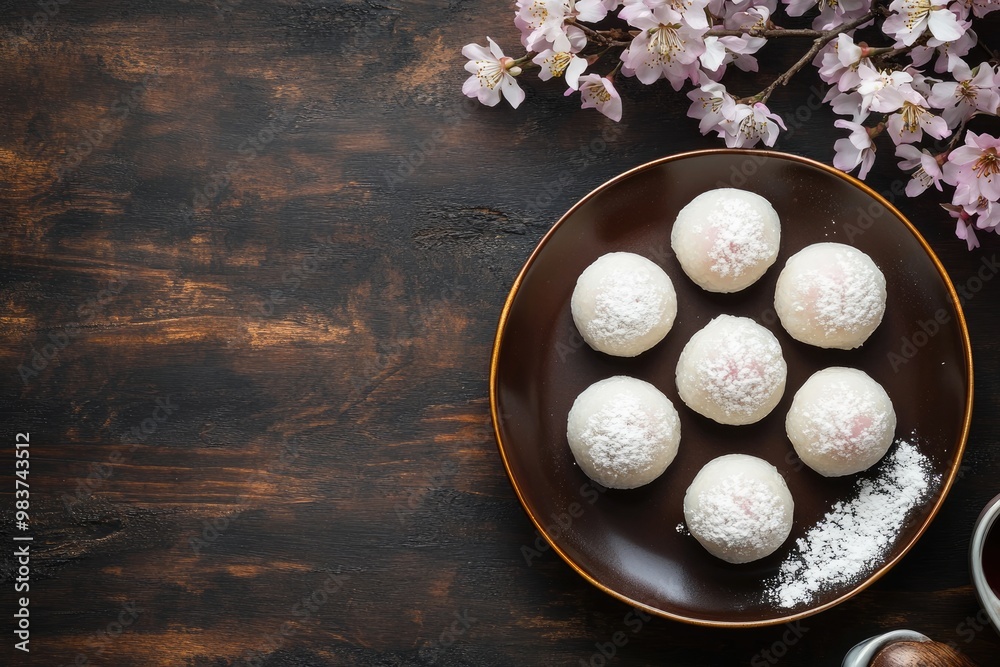 Japanese Mochi with Cherry Blossom on Wooden Background Japanese Mochi with Cherry Blossom on Wooden Background