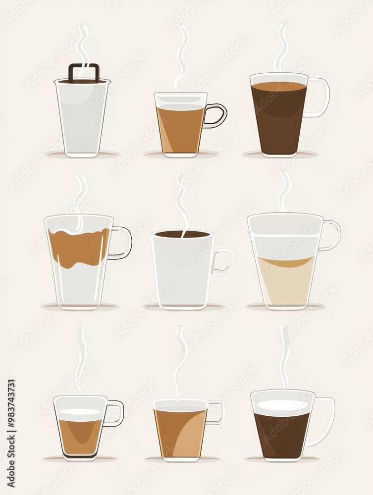 Assorted Coffee Drinks with Steam and Aroma Assorted Coffee Drinks with Steam and Aroma