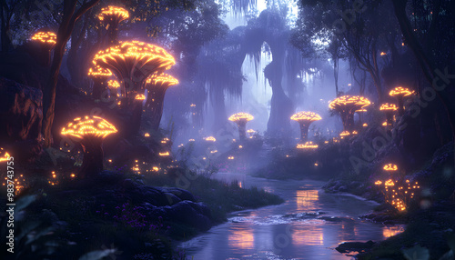 A mystical forest with glowing mushrooms, winding rivers, and floating islands, creating a magical and otherworldly feel