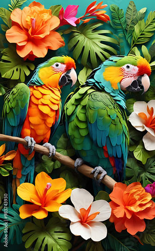 A vibrant tropical jungle scene with large green leaves, exotic flowers, and colorful parrots perched on branches, creating an energetic nature-inspired mobile wallpaper.