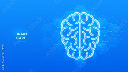 Human brain icon. Brain research. Psychology and Neurology. Physician teaching about alzheimer, dementia disease. Molecular structure. Blue medical background with hexagons. Vector illustration.