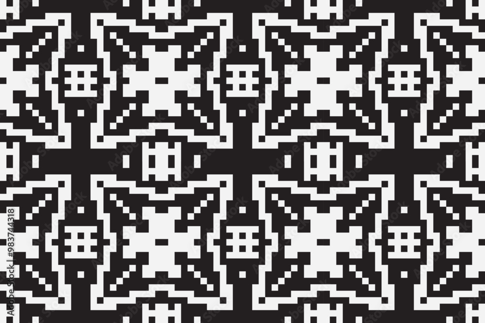 Vector monochrome ornamental pattern in ethnic style. Traditional folk motif. Abstract geometric seamless texture with floral shapes, grid, Vector monochrome ornamental pattern in ethnic style. Traditional folk motif. Abstract geometric seamless texture with floral shapes, grid,