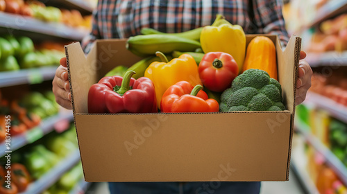 Person holding a cardboard box filled with fresh bell peppers and cucumbers in a grocery store. photo