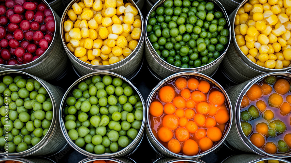 Overhead view of open cans filled with corn, peas, tomatoes, and other preserved vegetables. Overhead view of open cans filled with corn, peas, tomatoes, and other preserved vegetables.