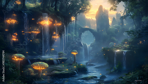 A mystical forest with glowing mushrooms, winding rivers, and floating islands, creating a magical and otherworldly feel