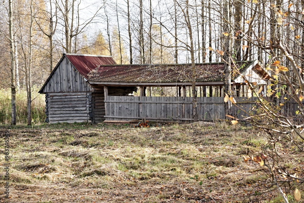 A rustic wooden structure with a corrugated roof surrounded by trees in a natural setting. A rustic wooden structure with a corrugated roof surrounded by trees in a natural setting.