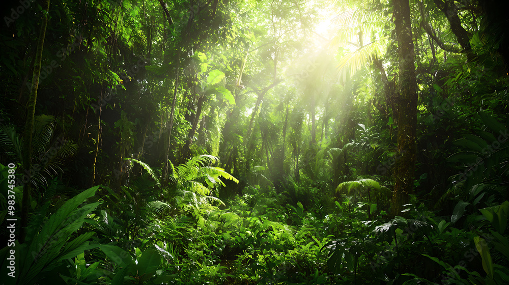 Fototapeta premium Lush Green Jungle with Sunlight Through Canopy