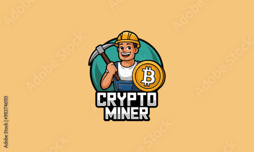 Crypto miner logo with pickaxe and Bitcoin coin
