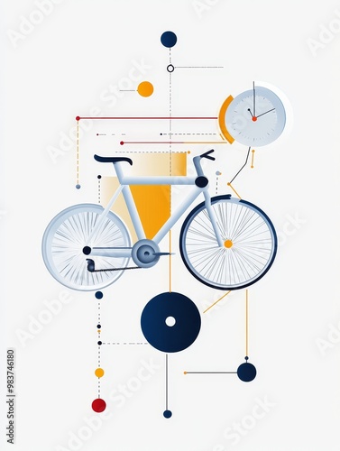 Workflow Management Cycle Chart Flat Design Illustration shows a bicycle with clock, dots and lines symbolizing process, time, and steps. photo