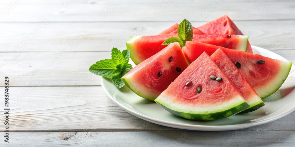 Fresh watermelon slices on a white plate, summertime, refreshing, healthy, juicy, tropical, ripe, red, fruit, sweet, snack Fresh watermelon slices on a white plate, summertime, refreshing, healthy, juicy, tropical, ripe, red, fruit, sweet, snack
