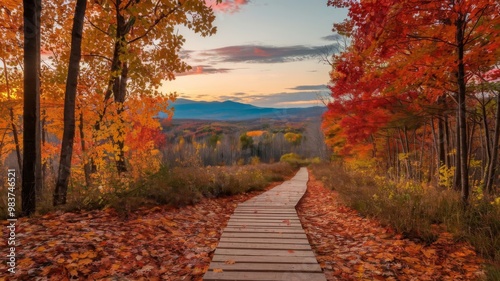 Wooden path at sunset in a panoramic fall landscape with autumn colors