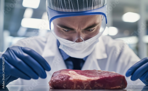 Scientist inspecting raw beef in a food laboratory with precision tools.