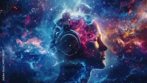 Abstract of mysterious human with science fiction scene in plasma of cosmos fantasy background theme. Colorful particle swirling seamless in space nebula pattern and virtual reality atmosphere. AIG53.