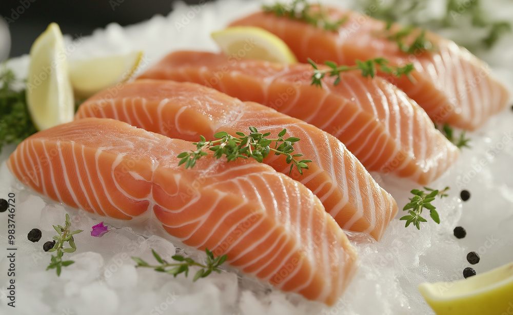 Fresh salmon fillets displayed on ice with lemon slices and parsley. Fresh salmon fillets displayed on ice with lemon slices and parsley.