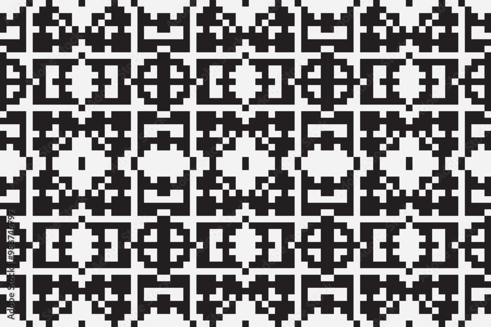 Vector monochrome ornamental pattern in ethnic style. Traditional folk motif. Abstract geometric seamless texture with floral shapes, grid, Vector monochrome ornamental pattern in ethnic style. Traditional folk motif. Abstract geometric seamless texture with floral shapes, grid,