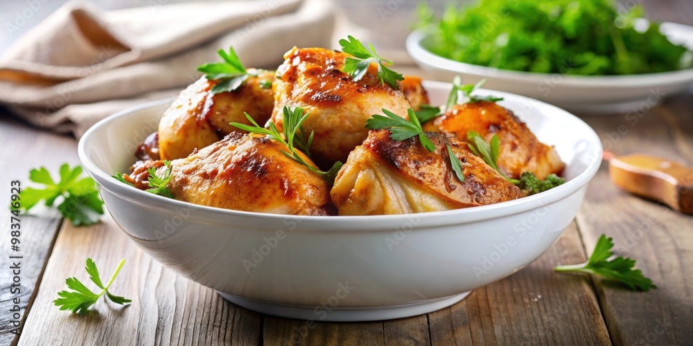 A close-up shot of a delicious chicken dish served in a white bowl, chicken, food, meal, lunch, dinner, bowl, plate, poultry A close-up shot of a delicious chicken dish served in a white bowl, chicken, food, meal, lunch, dinner, bowl, plate, poultry