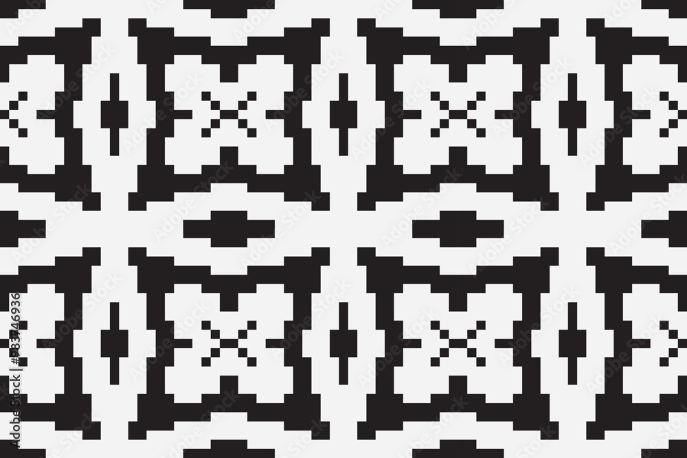 Fototapeta premium Vector monochrome ornamental pattern in ethnic style. Traditional folk motif. Abstract geometric seamless texture with floral shapes, grid,