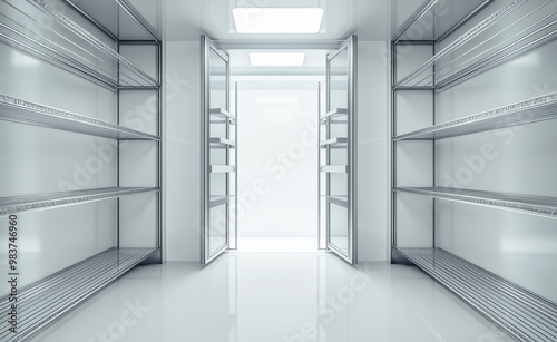 Empty commercial freezer with clean shelves and bright lighting.