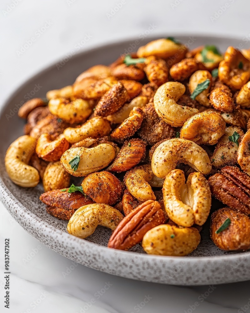 A close-up of a flavorful mix of spiced nuts on a decorative plate. A close-up of a flavorful mix of spiced nuts on a decorative plate.