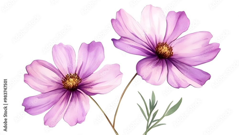 Beautiful pink cosmos flowers with a watercolor painting effect on a white background, Beautiful pink cosmos flowers with a watercolor painting effect on a white background,