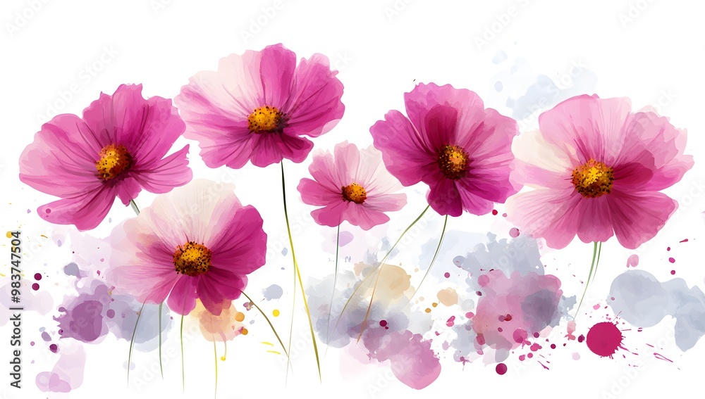 Beautiful pink cosmos flowers with a watercolor painting effect on a white background, Beautiful pink cosmos flowers with a watercolor painting effect on a white background,