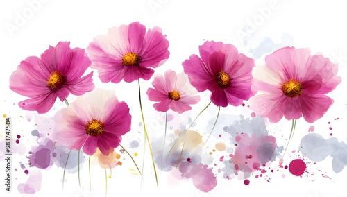 Beautiful pink cosmos flowers with a watercolor painting effect on a white background, 