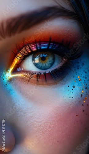 Close-Up of an Eye with Colorful Makeup for Phone Wallpaper.