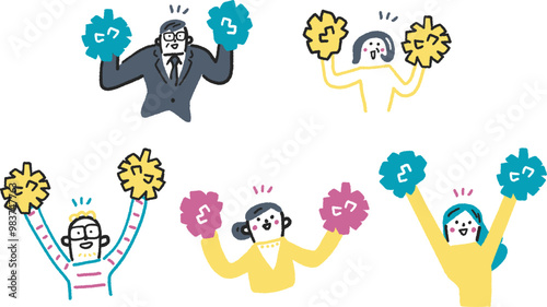 ポンポンを振って誰かを応援する人々　セットのストックイラスト素材
