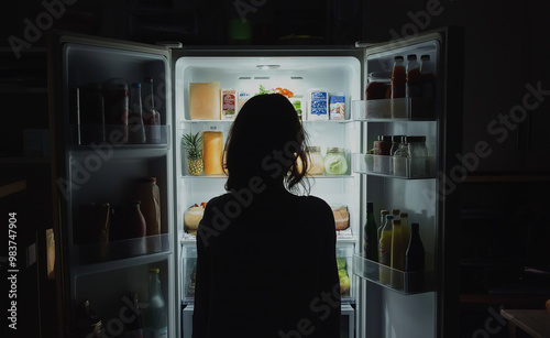 Person standing in front of an open fridge at night, illuminated by the refrigerator light.