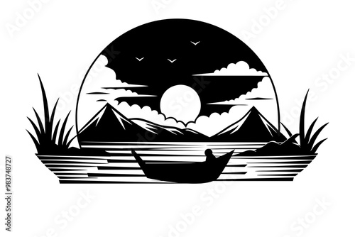 Sunset Over a Lake Silhouette with Fishing Boat, Tranquil Waterscape Silhouette, Nature Landscape Vector, Fishing Boat at Dusk Clipart photo