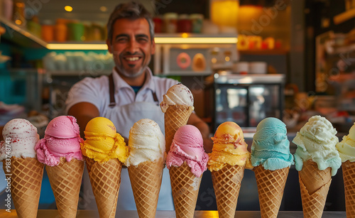 Smiling vendor holding a colorful soft serve ice cream cone in a waffle cone, surrounded by other ice cream cones at a food stand. photo