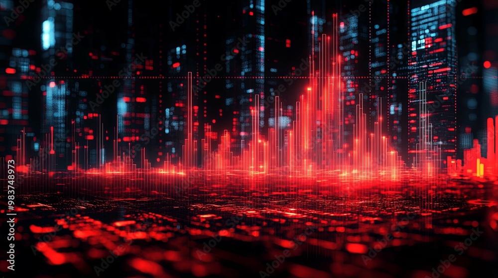 Fototapeta premium Red Neon Digital Cityscape with Glowing Lines and Data