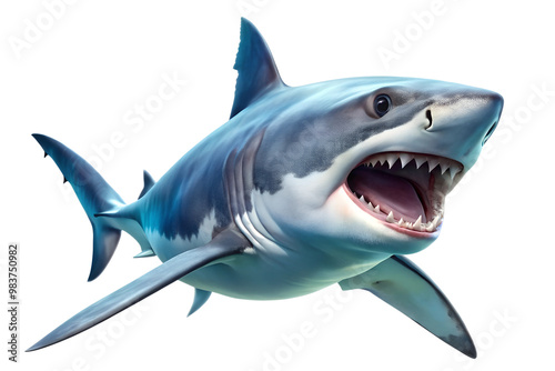 Great white shark with open mouth and sharp teeth isolated on white