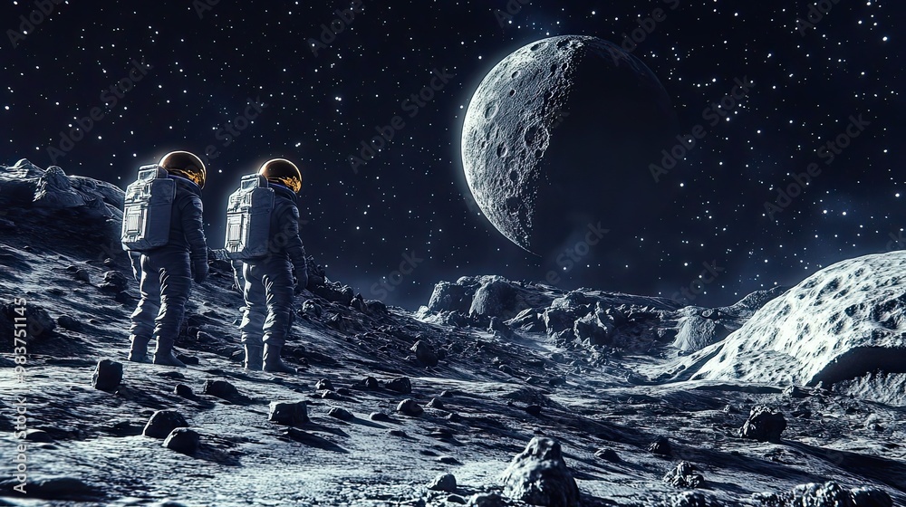 Obraz premium Two Astronauts Exploring a Moon-like Surface with a Large Moon in the Sky