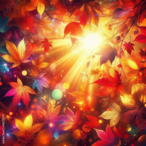 Colorful autumn leaves and sunflares creating a beautiful abstract fall background photo