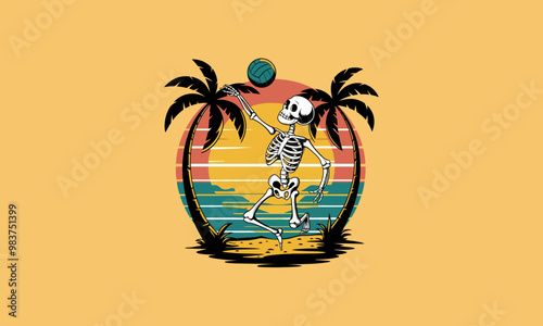 Skeleton playing beach volleyball at sunset