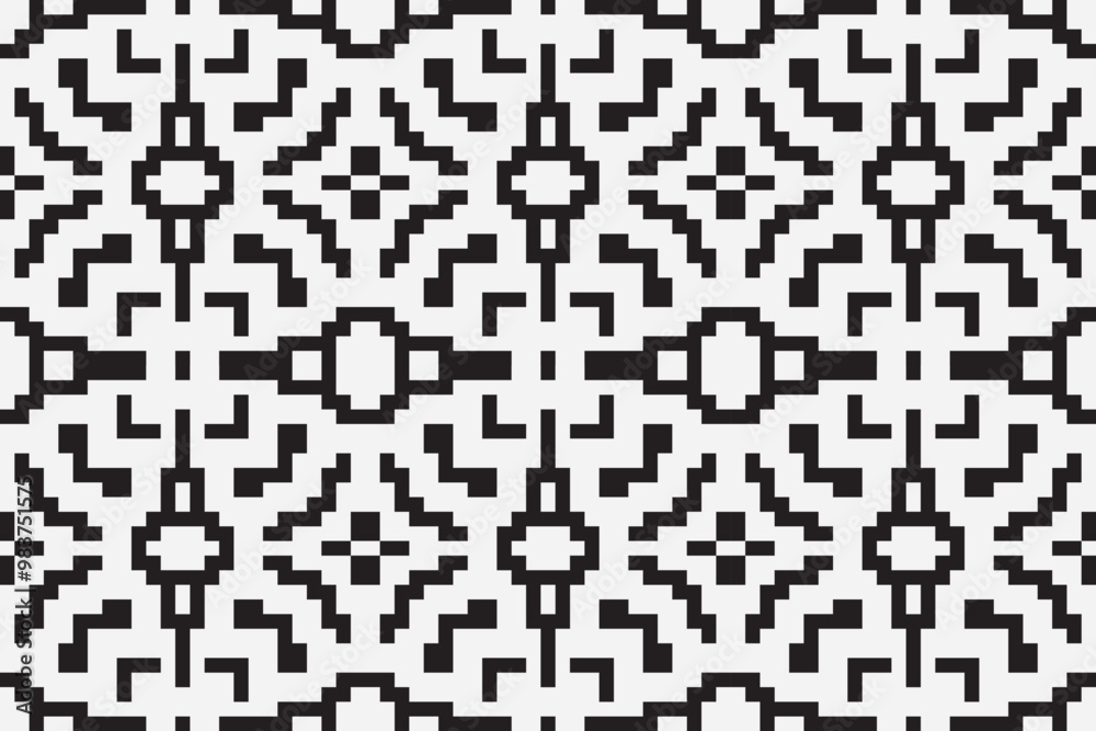 Vector monochrome ornamental pattern in ethnic style. Traditional folk motif. Abstract geometric seamless texture with floral shapes, grid, Vector monochrome ornamental pattern in ethnic style. Traditional folk motif. Abstract geometric seamless texture with floral shapes, grid,