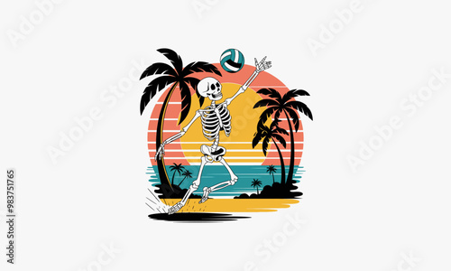 Skeleton playing beach volleyball at sunset