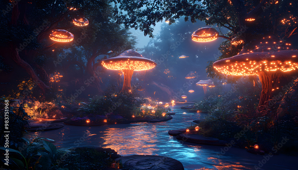A mystical forest with glowing mushrooms, winding rivers, and floating islands, creating a magical and otherworldly feel A mystical forest with glowing mushrooms, winding rivers, and floating islands, creating a magical and otherworldly feel