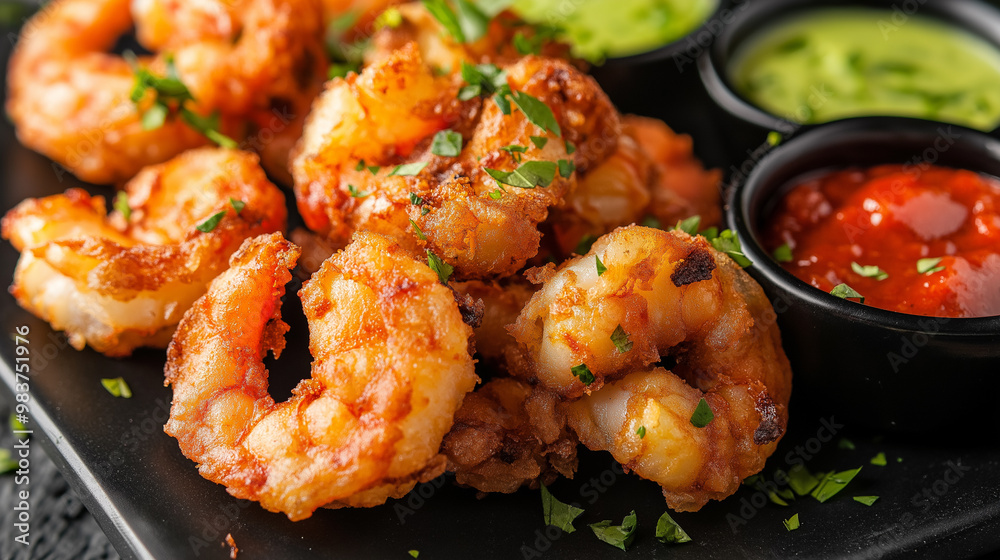 Crispy fried shrimp served with various dipping sauces on a black plate. Crispy fried shrimp served with various dipping sauces on a black plate.