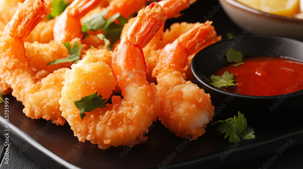 Crispy fried shrimp served with various dipping sauces on a black plate. Crispy fried shrimp served with various dipping sauces on a black plate.